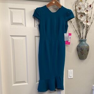 Betsey Johnson Womens Teal Scuba Crepe Ruffle Hem Midi Sheath Dress 0